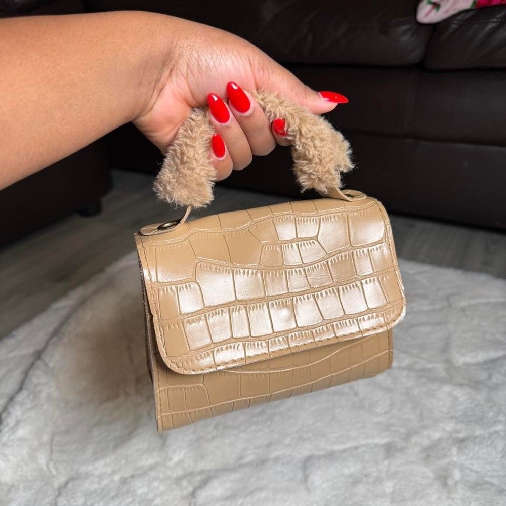 Tan Crocodile Embossed Mini Purse with Faux Fur Handle Brown Structured Flap Bag